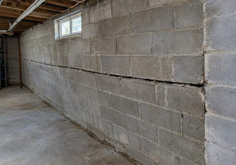 Bowing basement wall before reinforcement at a Greenville, SC home