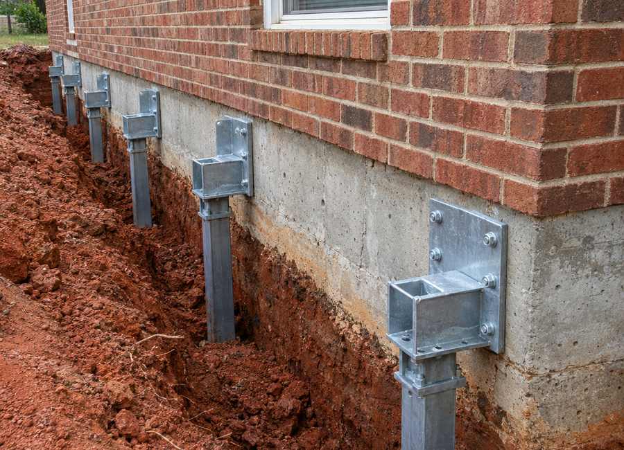 Steel piers installed to stabilize a settling foundation at a Greenville, SC home
