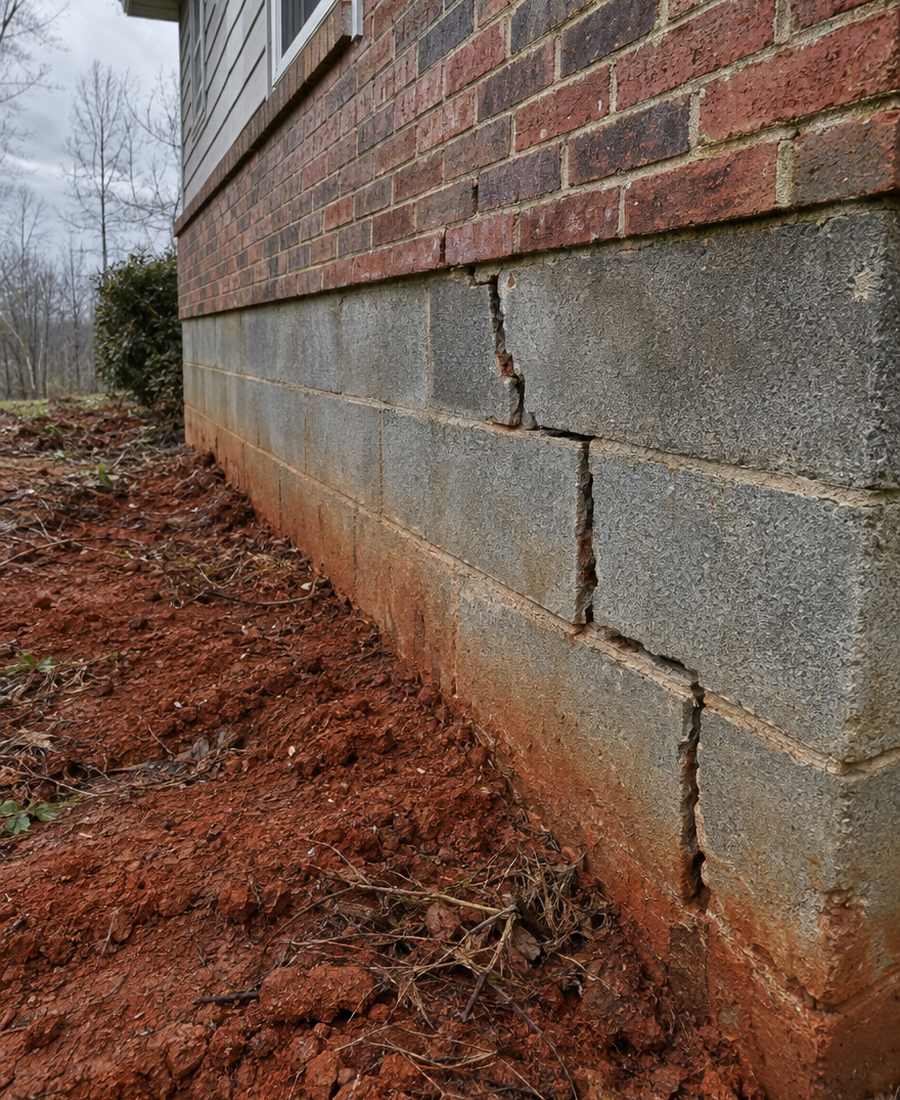 Cracked foundation wall on red Piedmont clay at a Greenville, SC home